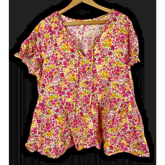 Terra & Sky Floral Top Fit & Flare Peplum Pink V Neck Romantic Cottagecore 1X - Picture 2 of 13